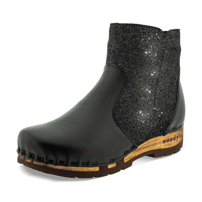 [Nero-Argento] Olga Damen Clog Stiefelette schwarz glitter woody. Damenstiefelette olga, clog stiefelette damen mit biegsamer nachhaltiger holzsohle, farbe: nero-argento (schwarz - schwarz mit silbernem glitter), holzclogs woody, woody schuhe, woody shoes, handgemachte holzschuhe aus österreich, kärnten