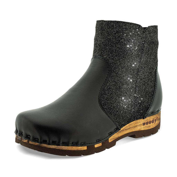 [Nero-Argento] Olga Damen Clog Stiefelette schwarz glitter woody. Damenstiefelette olga, clog stiefelette damen mit biegsamer nachhaltiger holzsohle, farbe: nero-argento (schwarz - schwarz mit silbernem glitter), holzclogs woody, woody schuhe, woody shoes, handgemachte holzschuhe aus österreich, kärnten
