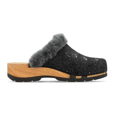 [Argento] Marie gefütterter Damen Clog in Farbe Argento giltzer marie, gefütterter damen clog mit biegsamer nachhaltiger holzsohle, lammfellfutter und kragen, farbe: argento (schwarz mit silbernem Glitter), holzclogs woody, woody schuhe, woody shoes, handgemachte holzschuhe aus österreich, kärnten