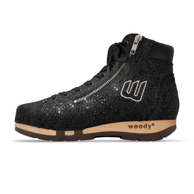 [Argento] Roxy Damen Clog Sneaker Argentino von woody Schuhe. Clogs Damen. roxy, clog sneakers für damen mit hohem schaft und biegsamer nachhaltiger holzsohle, farbe: argento (schwarz mit glitter), holzclogs woody, woody schuhe, woody shoes, handgemachte holzschuhe aus österreich, kärnten