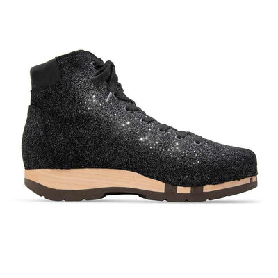 [Argento] Roxy Damen Clog Sneaker Argentino von woody Schuhe. Clogs Damen. roxy, clog sneakers für damen mit hohem schaft und biegsamer nachhaltiger holzsohle, farbe: argento (schwarz mit glitter), holzclogs woody, woody schuhe, woody shoes, handgemachte holzschuhe aus österreich, kärnten