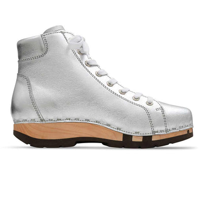 [Silber] Roxy Damen Clog Sneaker Silber von woody Schuhe. Clogs Damen, Damen Sneakers. roxy, clog sneakers für damen mit hohem schaft und biegsamer nachhaltiger holzsohle, farbe: silber (glattleder), holzclogs woody, woody schuhe, woody shoes, handgemachte holzschuhe aus österreich, kärnten