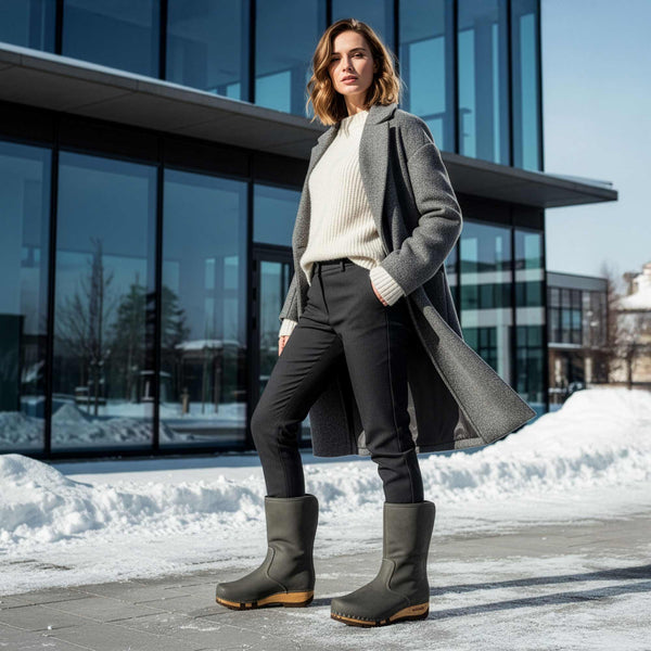 [Grigio] Ulli Damen Clog Schlupfstiefel mit biegsamer nachhaltiger holzsohle, farbe: grigio (dunkelgrau), holzclogs woody schuhe, woody shoes, handgemachte holzschuhe aus österreich kärnten