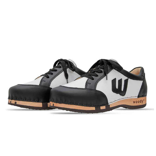 [Schwarz-Weiss] Abby Damen Clog Sneaker mit biegsamer nachhaltiger holzsohle, farbe: schwarz-weiss (Glattleder), holzclogs woody, woody schuhe, woody shoes, handgemachte holzschuhe aus österreich, kärnten