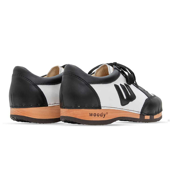 [Schwarz-Weiss] Abby Damen Clog Sneaker mit biegsamer nachhaltiger holzsohle, farbe: schwarz-weiss (Glattleder), holzclogs woody, woody schuhe, woody shoes, handgemachte holzschuhe aus österreich, kärnten
