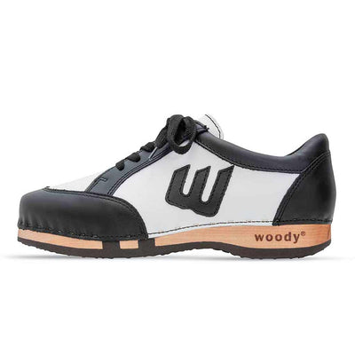 [Schwarz-Weiss] Abby Damen Clog Sneaker mit biegsamer nachhaltiger holzsohle, farbe: schwarz-weiss (Glattleder), holzclogs woody, woody schuhe, woody shoes, handgemachte holzschuhe aus österreich, kärnten