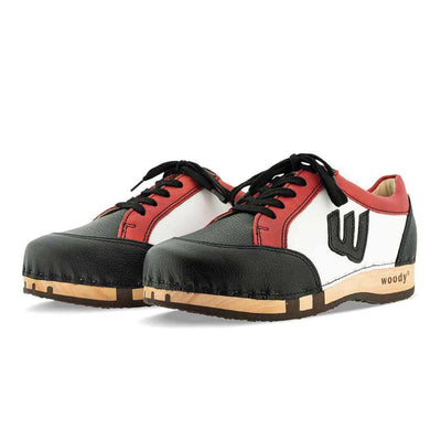 [Nero-Rosso] Abby Damen Clog Sneaker mit biegsamer nachhaltiger holzsohle, farbe: nero-rosso (schwarz-rot-weiss), holzclogs woody, woody schuhe, woody shoes, handgemachte holzschuhe aus österreich, kärnten