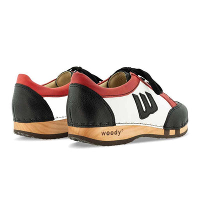 [Nero-Rosso] Abby Damen Clog Sneaker mit biegsamer nachhaltiger holzsohle, farbe: nero-rosso (schwarz-rot-weiss), holzclogs woody, woody schuhe, woody shoes, handgemachte holzschuhe aus österreich, kärnten