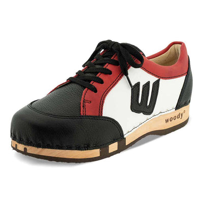 [Nero-Rosso] Abby Damen Clog Sneaker mit biegsamer nachhaltiger holzsohle, farbe: nero-rosso (schwarz-rot-weiss), holzclogs woody, woody schuhe, woody shoes, handgemachte holzschuhe aus österreich, kärnten