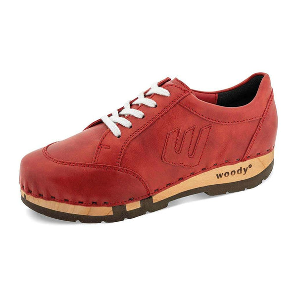 [Rosso] Abby Damen Clog Sneaker mit biegsamer nachhaltiger holzsohle, farbe: rosso (rot), holzclogs woody, woody schuhe, woody shoes, handgemachte holzschuhe aus österreich, kärnten