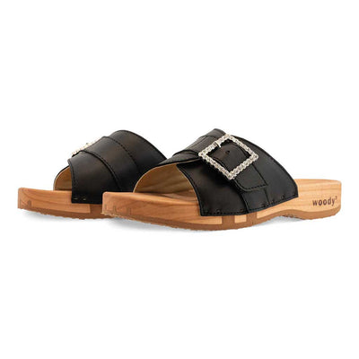 [Schwarz mit Schmuck] Amira Damen Clog Pantolette – elegant, mit biegsamer Sohle aus nachhaltigem Weidenholz, Farbe: schwarz (mit silberner und strassbesetzter Schnalle)