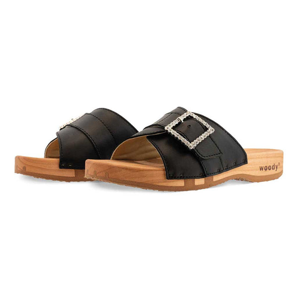 [Schwarz mit Schmuck] Amira Damen Clog Pantolette – elegant, mit biegsamer Sohle aus nachhaltigem Weidenholz, Farbe: schwarz (mit silberner und strassbesetzter Schnalle)