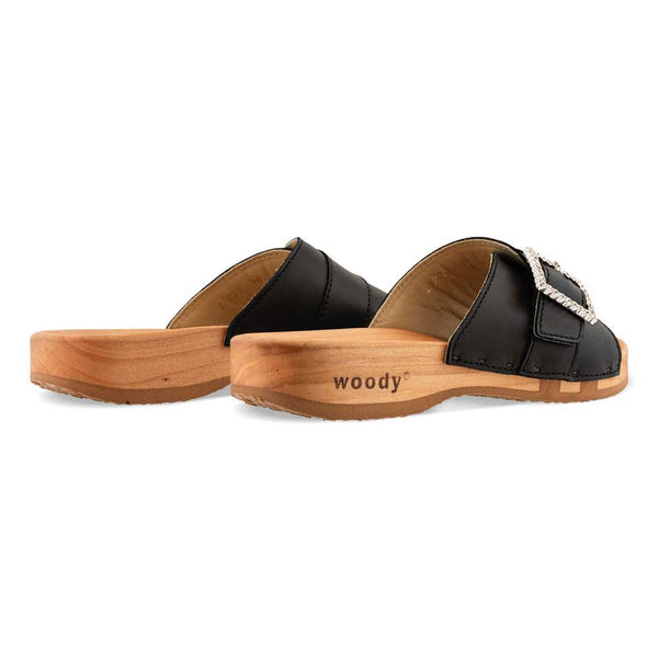 [Schwarz mit Schmuck] Amira Damen Clog Pantolette – elegant, mit biegsamer Sohle aus nachhaltigem Weidenholz, Farbe: schwarz (mit silberner und strassbesetzter Schnalle)