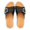 [Schwarz mit Schmuck] Amira Damen Clog Pantolette – elegant, mit biegsamer Sohle aus nachhaltigem Weidenholz, Farbe: schwarz (mit silberner und strassbesetzter Schnalle)