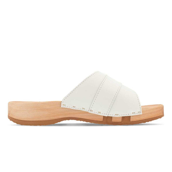 [Weiss mit Schmuck] Amira Damen Clog Pantolette – elegant, mit biegsamer Sohle aus nachhaltigem Weidenholz, Farbe: weiss (mit silberner und strassbesetzter Schnalle)