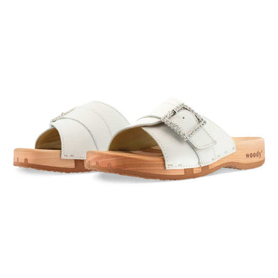 [Weiss mit Schmuck] Amira Damen Clog Pantolette – elegant, mit biegsamer Sohle aus nachhaltigem Weidenholz, Farbe: weiss (mit silberner und strassbesetzter Schnalle)