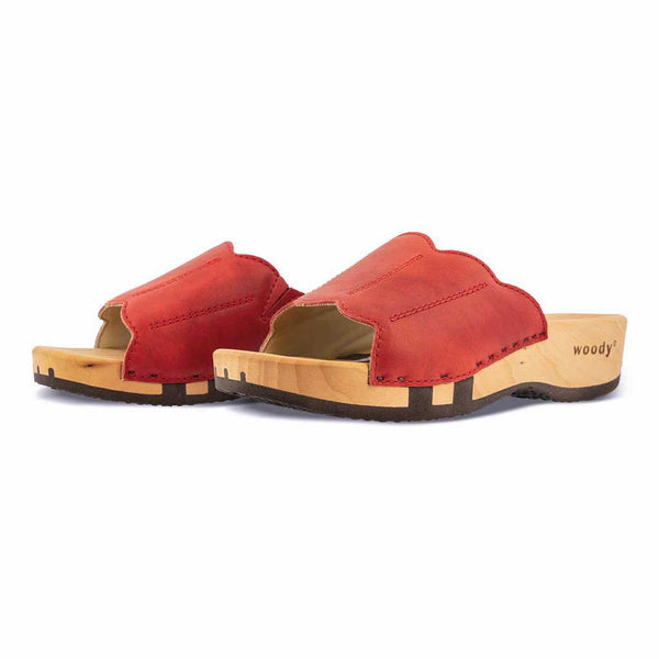 [Rosso] Anna Damen Clog Pantolette, farbe: rosso alias rot, damen clog pantolette mit biegsamer nachhaltiger weidenholzsohle, holzclogs woody, woody schuhe, woody shoes, handgemachte holzschuhe aus österreich, kärnten