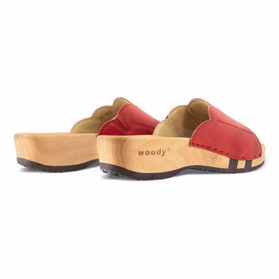 [Rosso] Anna Damen Clog Pantolette, farbe: rosso alias rot, damen clog pantolette mit biegsamer nachhaltiger weidenholzsohle, holzclogs woody, woody schuhe, woody shoes, handgemachte holzschuhe aus österreich, kärnten