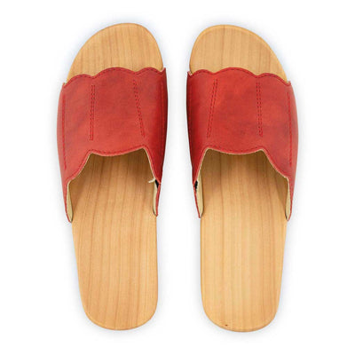 [Rosso] Anna Damen Clog Pantolette, farbe: rosso alias rot, damen clog pantolette mit biegsamer nachhaltiger weidenholzsohle, holzclogs woody, woody schuhe, woody shoes, handgemachte holzschuhe aus österreich, kärnten