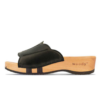 [Schwarz] Anna Damen Clog Pantolette, farbe: schwarz, damen clog pantolette mit biegsamer nachhaltiger weidenholzsohle, holzclogs woody, woody schuhe, woody shoes, handgemachte holzschuhe aus österreich, kärnten