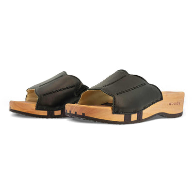 [Schwarz] Anna Damen Clog Pantolette, farbe: schwarz, damen clog pantolette mit biegsamer nachhaltiger weidenholzsohle, holzclogs woody, woody schuhe, woody shoes, handgemachte holzschuhe aus österreich, kärnten