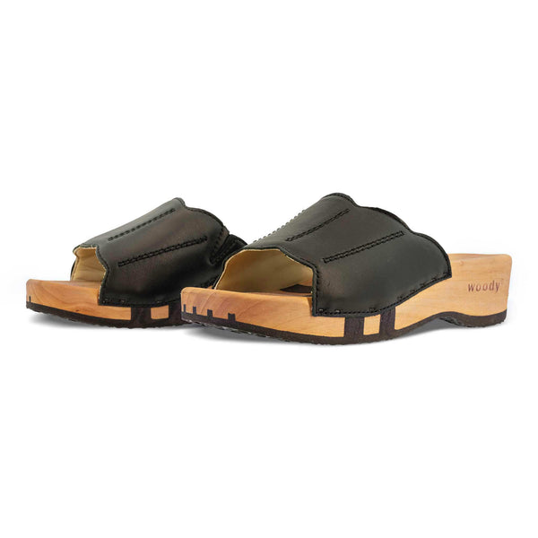 [Schwarz] Anna Damen Clog Pantolette, farbe: schwarz, damen clog pantolette mit biegsamer nachhaltiger weidenholzsohle, holzclogs woody, woody schuhe, woody shoes, handgemachte holzschuhe aus österreich, kärnten