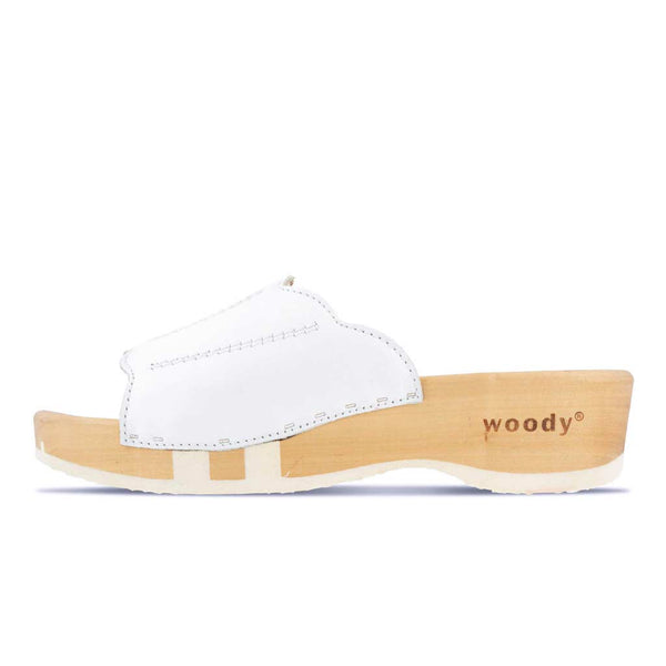 [Weiss] Anna Damen Clog Pantolette, farbe: weiss, damen clog pantolette mit biegsamer nachhaltiger weidenholzsohle, holzclogs woody, woody schuhe, woody shoes, handgemachte holzschuhe aus österreich, kärnten
