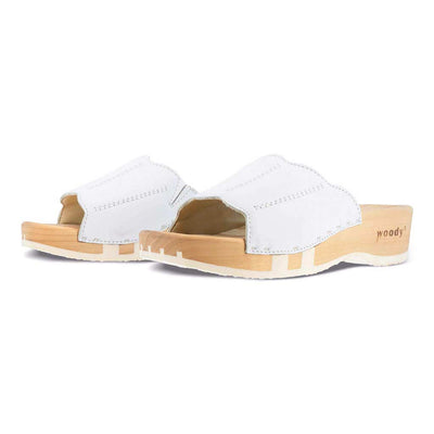 [Weiss] Anna Damen Clog Pantolette, farbe: weiss, damen clog pantolette mit biegsamer nachhaltiger weidenholzsohle, holzclogs woody, woody schuhe, woody shoes, handgemachte holzschuhe aus österreich, kärnten