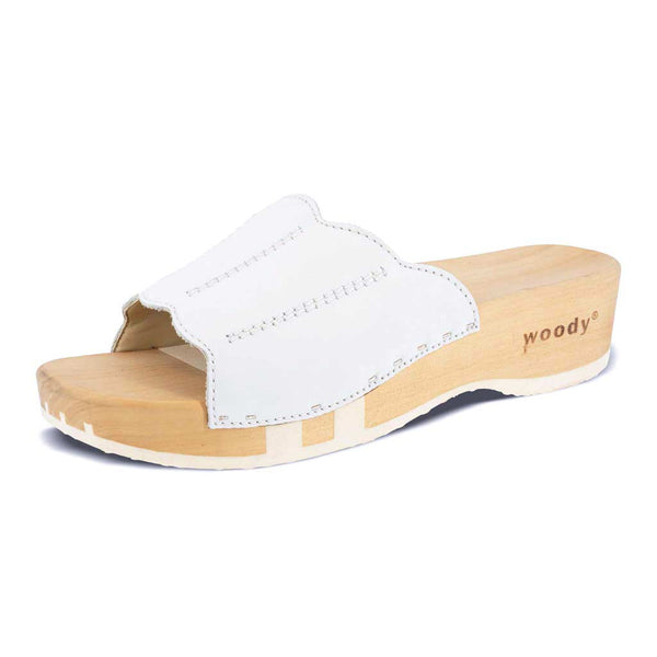 [Weiss] Anna Damen Clog Pantolette, farbe: weiss, damen clog pantolette mit biegsamer nachhaltiger weidenholzsohle, holzclogs woody, woody schuhe, woody shoes, handgemachte holzschuhe aus österreich, kärnten