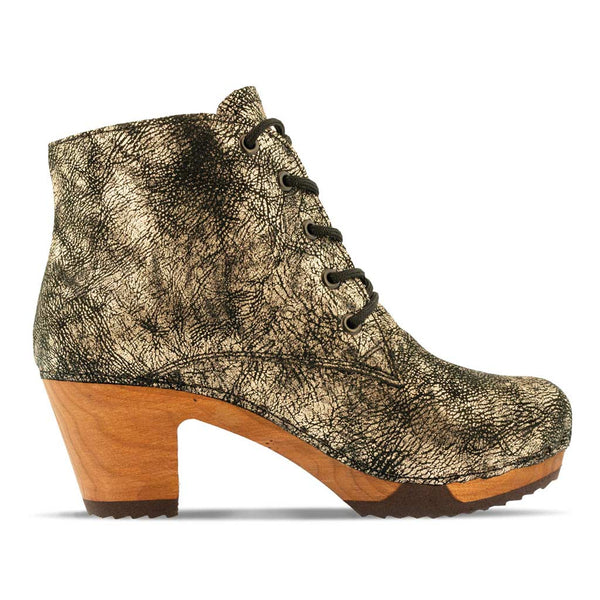 [Noirgold] Anne Clog Ankle Boots / stiefeletten, woody holzschuhe. ankle boots gefüttert, damenstiefel, stiefel, damenclogs mit flexibler, biegsamer holzsohle. holzclogs, clogs damen knöchel stiefel, damen clogs mit fussbett. ankleboots holz schuhe, holzclog, holzschuhe kaufen, farbe: noirgold (gold mit schwarzen cracks)