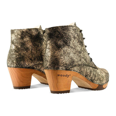 [Noirgold] Anne Clog Ankle Boots / stiefeletten, woody holzschuhe. ankle boots gefüttert, damenstiefel, stiefel, damenclogs mit flexibler, biegsamer holzsohle. holzclogs, clogs damen knöchel stiefel, damen clogs mit fussbett. ankleboots holz schuhe, holzclog, holzschuhe kaufen, farbe: noirgold (gold mit schwarzen cracks)