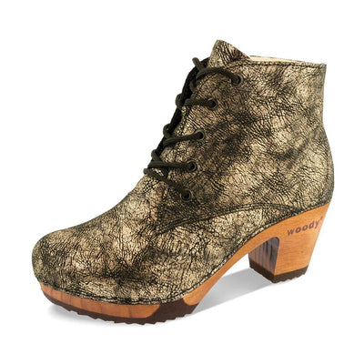 [Noirgold] Anne Clog Ankle Boots / stiefeletten, woody holzschuhe. ankle boots gefüttert, damenstiefel, stiefel, damenclogs mit flexibler, biegsamer holzsohle. holzclogs, clogs damen knöchel stiefel, damen clogs mit fussbett. ankleboots holz schuhe, holzclog, holzschuhe kaufen, farbe: noirgold (gold mit schwarzen cracks)