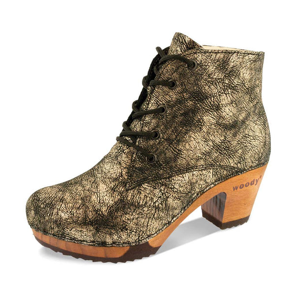 [Noirgold] Anne Clog Ankle Boots / stiefeletten, woody holzschuhe. ankle boots gefüttert, damenstiefel, stiefel, damenclogs mit flexibler, biegsamer holzsohle. holzclogs, clogs damen knöchel stiefel, damen clogs mit fussbett. ankleboots holz schuhe, holzclog, holzschuhe kaufen, farbe: noirgold (gold mit schwarzen cracks)