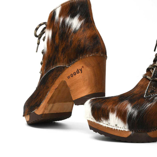 [Fell Natur] Betty Damen Fell Clog Ankle Boots mit biegsamer nachhaltiger holzsohle, farbe: fell natur (tricolore), holzclogs woody, woody schuhe, woody shoes, handgemachte holzschuhe aus österreich, kärnten