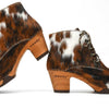 [Fell Natur] Betty Damen Fell Clog Ankle Boots mit biegsamer nachhaltiger holzsohle, farbe: fell natur (tricolore), holzclogs woody, woody schuhe, woody shoes, handgemachte holzschuhe aus österreich, kärnten