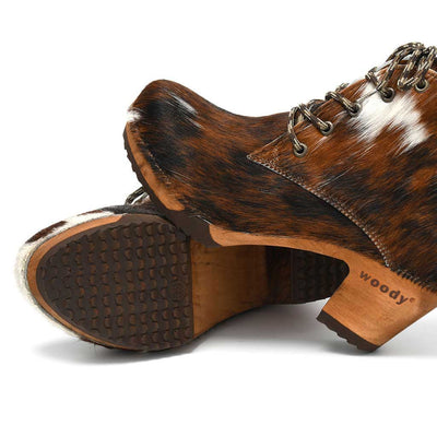 [Fell Natur] Betty Damen Fell Clog Ankle Boots mit biegsamer nachhaltiger holzsohle, farbe: fell natur (tricolore), holzclogs woody, woody schuhe, woody shoes, handgemachte holzschuhe aus österreich, kärnten