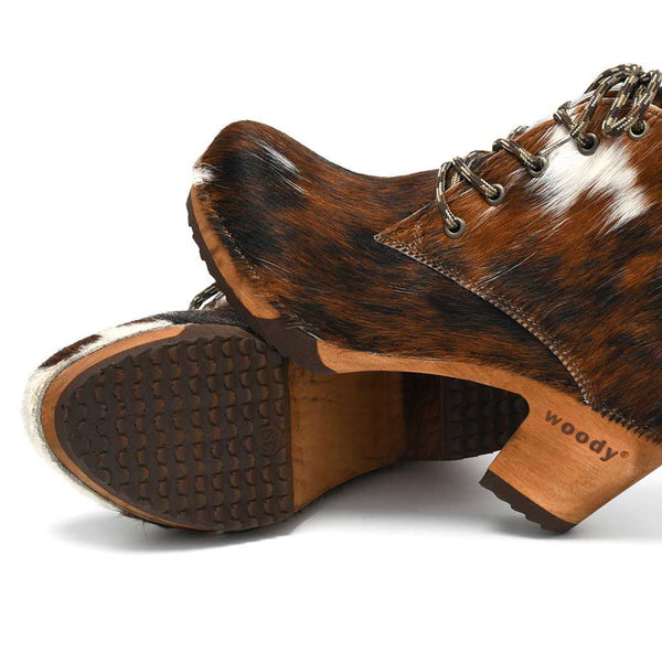 [Fell Natur] Betty Damen Fell Clog Ankle Boots mit biegsamer nachhaltiger holzsohle, farbe: fell natur (tricolore), holzclogs woody, woody schuhe, woody shoes, handgemachte holzschuhe aus österreich, kärnten