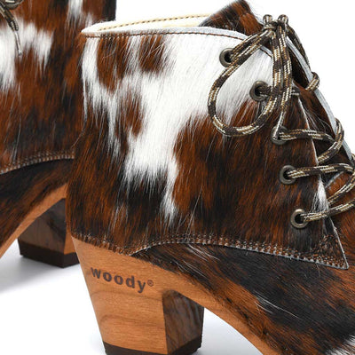 [Fell Natur] Betty Damen Fell Clog Ankle Boots mit biegsamer nachhaltiger holzsohle, farbe: fell natur (tricolore), holzclogs woody, woody schuhe, woody shoes, handgemachte holzschuhe aus österreich, kärnten
