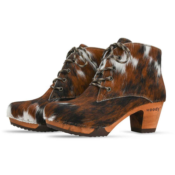 [Fell Natur] Betty Damen Fell Clog Ankle Boots mit biegsamer nachhaltiger holzsohle, farbe: fell natur (tricolore), holzclogs woody, woody schuhe, woody shoes, handgemachte holzschuhe aus österreich, kärnten