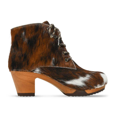 [Fell Natur] Betty Damen Fell Clog Ankle Boots mit biegsamer nachhaltiger holzsohle, farbe: fell natur (tricolore), holzclogs woody, woody schuhe, woody shoes, handgemachte holzschuhe aus österreich, kärnten