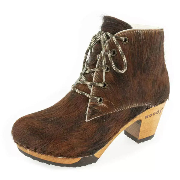 [Fell Natur] Betty Damen Fell Clog Ankle Boots mit biegsamer nachhaltiger holzsohle, farbe: fell natur (tricolore), holzclogs woody, woody schuhe, woody shoes, handgemachte holzschuhe aus österreich, kärnten