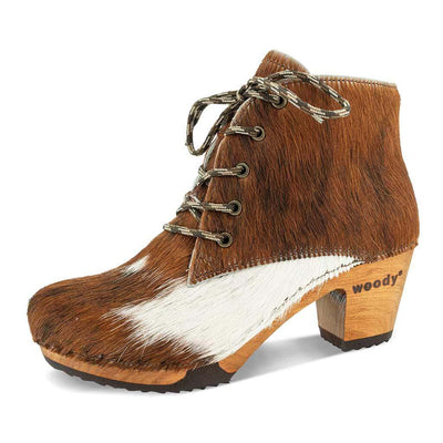 [Fell Natur] Betty Damen Fell Clog Ankle Boots mit biegsamer nachhaltiger holzsohle, farbe: fell natur (tricolore), holzclogs woody, woody schuhe, woody shoes, handgemachte holzschuhe aus österreich, kärnten