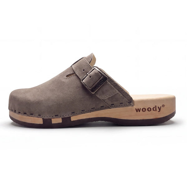 woody Cleo Damen Clog in Gray Taupe, Seitenansicht, handgemacht in Österreich