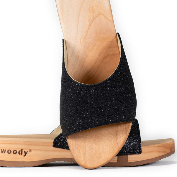 [Schwarz Glitzer] Cherin Damen Clog Pantolette – elegant, mit biegsamer Sohle – Farbe: Glitzernd in Schwarz