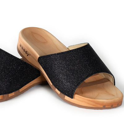 [Schwarz Glitzer] Cherin Damen Clog Pantolette – elegant, mit biegsamer Sohle – Farbe: Glitzernd in Schwarz