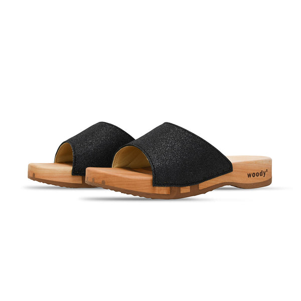 [Schwarz Glitzer] Cherin Damen Clog Pantolette – elegant, mit biegsamer Sohle – Farbe: Glitzernd in Schwarz
