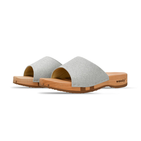 [Silber Glitzer] Cherin Damen Clog Pantolette – elegant, mit biegsamer Sohle – Farbe: Glitzernd in Silber