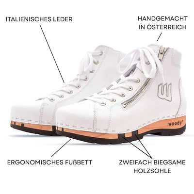 [Weiss] Roxy Damen Clog Sneaker mit hohem schaft und biegsamer nachhaltiger holzsohle, farbe: weiss (glattleder), holzclogs woody, woody schuhe, woody shoes, handgemachte holzschuhe aus österreich, kärnten
