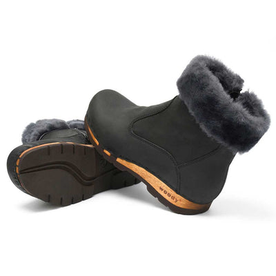 [Nero] Elke Damen Clog Stiefelette mit biegsamer nachhaltiger holzsohle, lammfellfutter und kragen, farbe: nero, holzclogs woody, woody schuhe, woody shoes, handgemachte holzschuhe aus österreich, kärnten