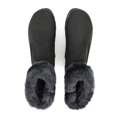 [Nero] Elke Damen Clog Stiefelette mit biegsamer nachhaltiger holzsohle, lammfellfutter und kragen, farbe: nero, holzclogs woody, woody schuhe, woody shoes, handgemachte holzschuhe aus österreich, kärnten